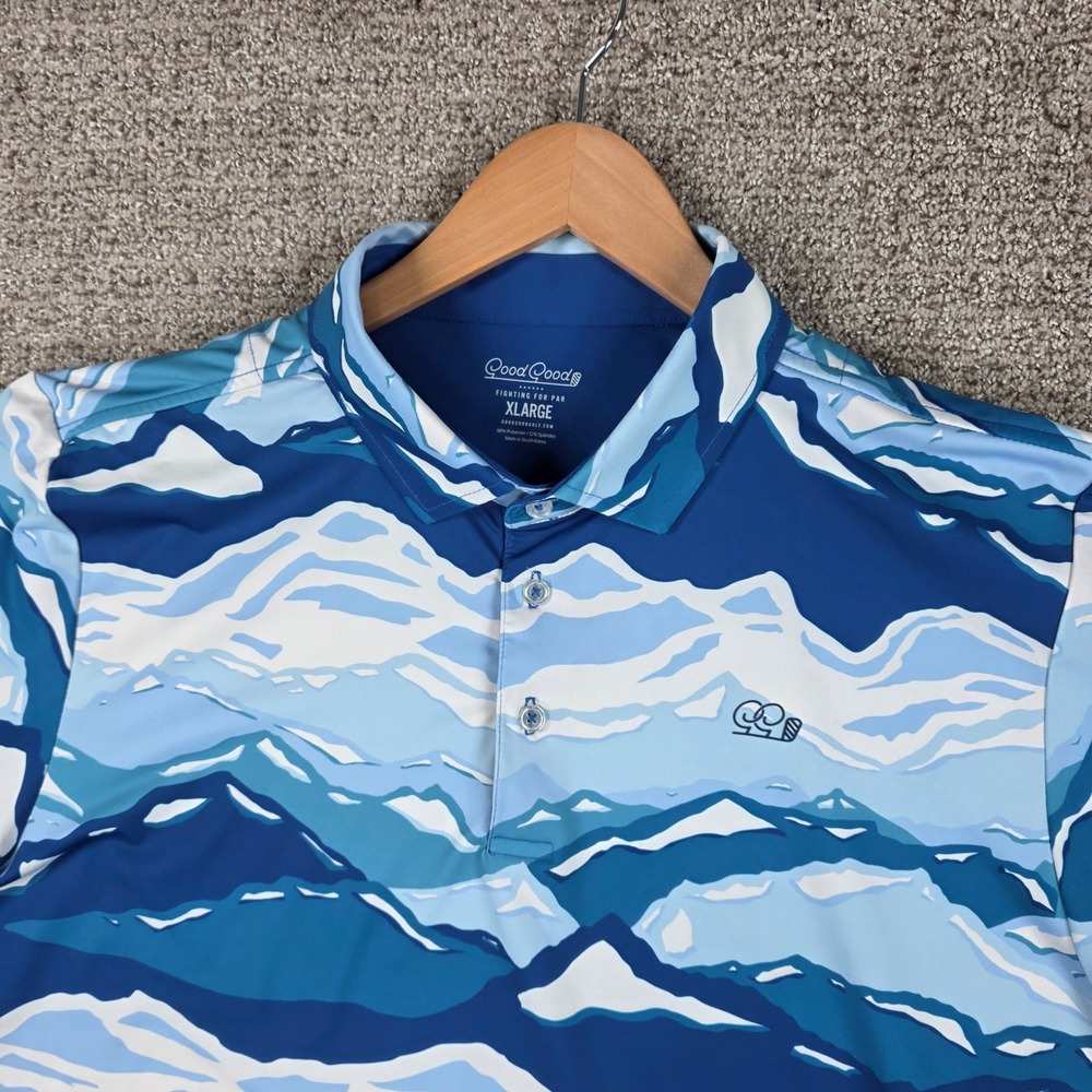 Good Good Golf Mens XL Short Sleeve Polo Shirt Blue Mountain Print Performance